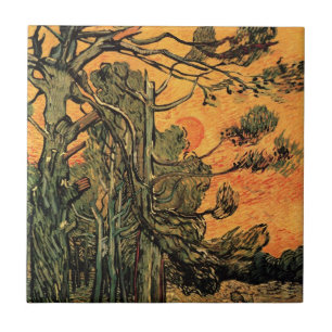 Pine Trees Red Sky Setting Sun by Vincent van Gogh Fliese