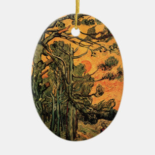 Pine Trees Red Sky Setting Sun by Vincent van Gogh Keramikornament