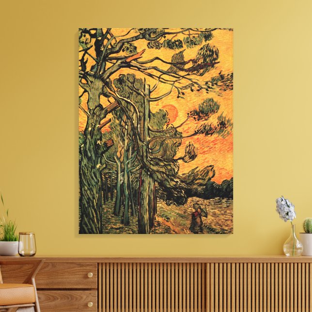 Pine Trees Red Sky Setting Sun by Vincent van Gogh Leinwanddruck (Insitu (Wohnzimmer))