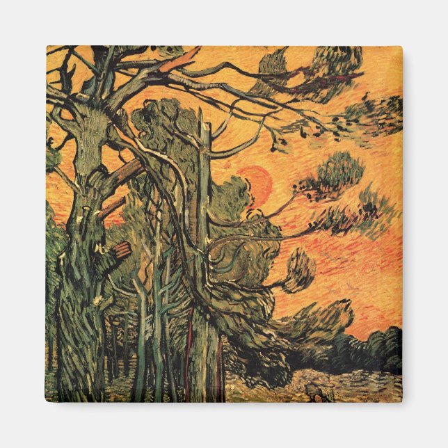 Pine Trees Red Sky Setting Sun by Vincent van Gogh Magnet (Vorne)