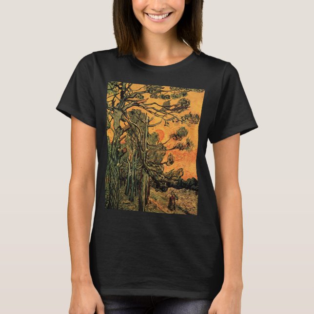 Pine Trees Red Sky Setting Sun by Vincent van Gogh T-Shirt (Vorderseite)