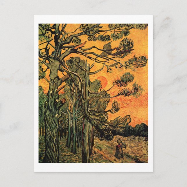Pine Trees Red Sky Sunset Van Gogh Fine Art Postkarte (Vorderseite)