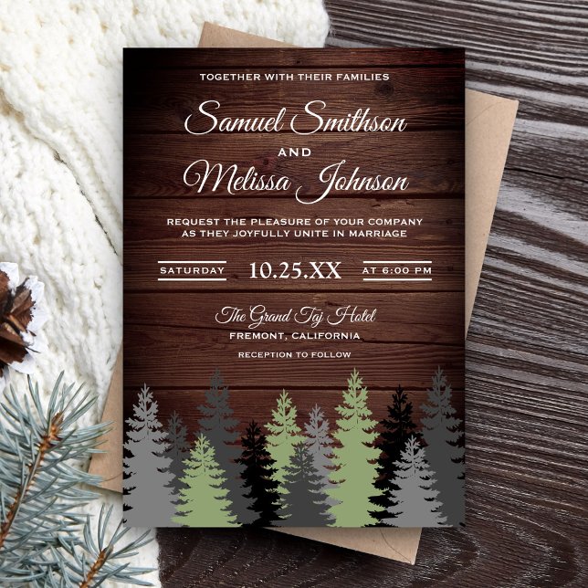 Pine Trees Rustic Wood Winter Hochzeit Einladung (Von Creator hochgeladen)