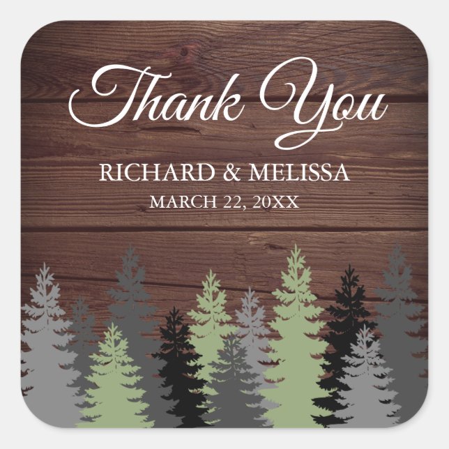 Pine Trees Rustic Wood Winter Wedding Vielen Dank Quadratischer Aufkleber (Vorderseite)