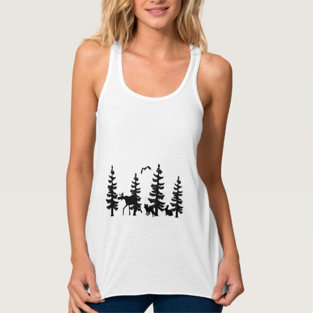Pine trees silhouettes with animals in black tank top (Vorderseite)
