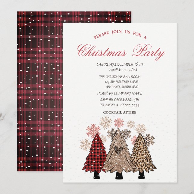 Pine Trees Snow Red Kariertes Weihnachtsfest Party Einladung (Vorne/Hinten)