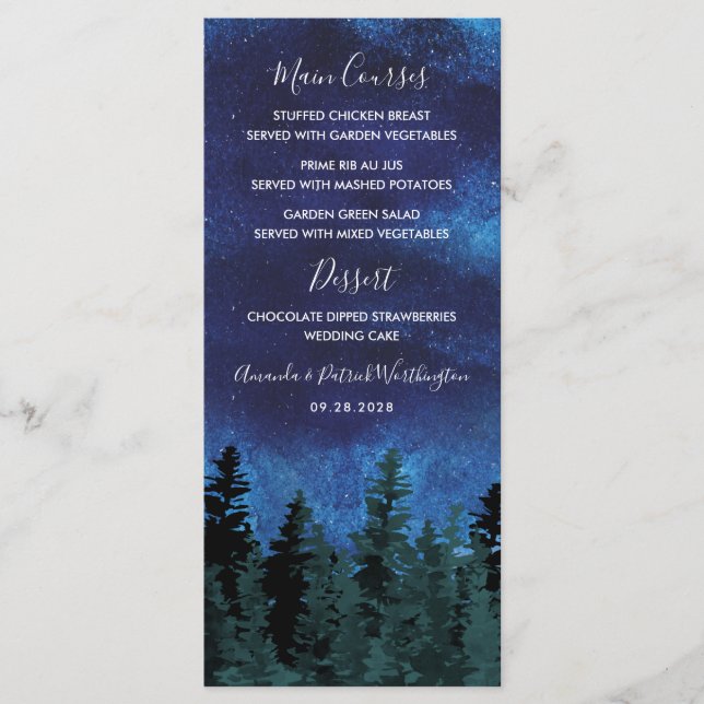 Pine Trees Watercolor Rustic Wedding Menu Cards Menükarte (Vorderseite)