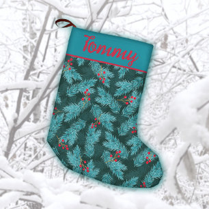 Pine Twigs and Red Berries Christmas Pattern Kleiner Weihnachtsstrumpf