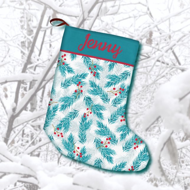 Pine Twigs and Red Berries Christmas Pattern Kleiner Weihnachtsstrumpf (Von Creator hochgeladen)