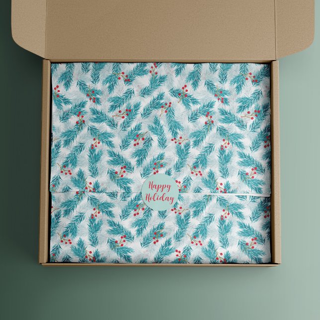 Pine Twigs and Red Berries Weihnachtsmuster Weiß Seidenpapier (Von Creator hochgeladen)