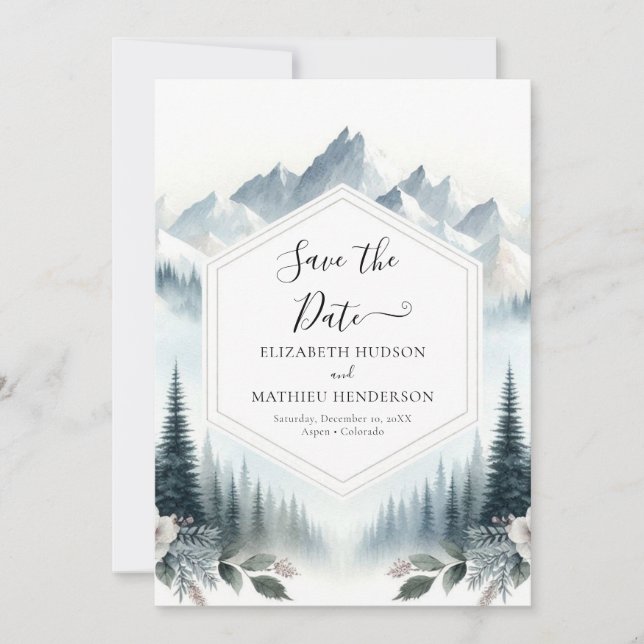 Pine Typografy Mountain Wedding Save The Date (Vorderseite)