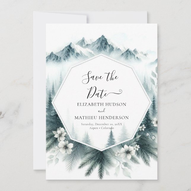 Pine Whimsical Mountains Wedding Save The Date (Vorderseite)