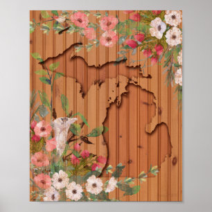 Pine Wood Carved Michigan Floral Poster