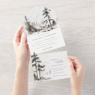 Pine Woods Mountain Landschaftsbild Hochzeit All In One Einladung