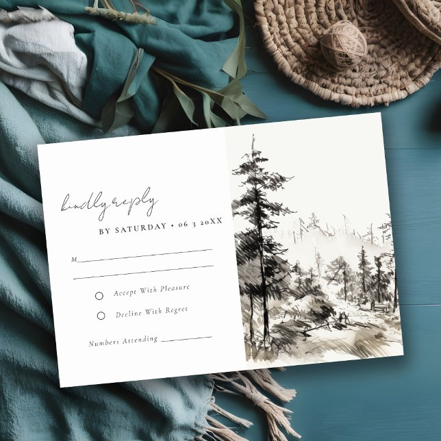 Pine Woods Mountain Landschaftsbild Hochzeit RSVP Karte (Von Creator hochgeladen)