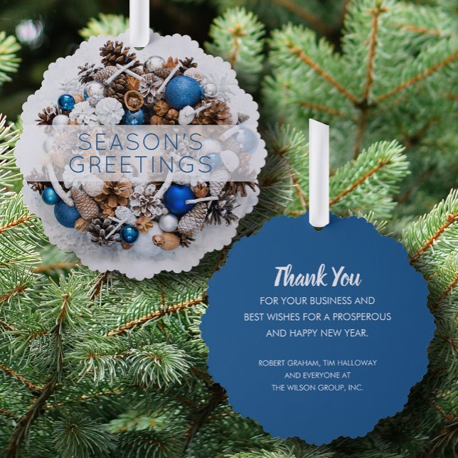 Pine Wreath Blue and White Business Holiday Paper Ornament Karte (Von Creator hochgeladen)