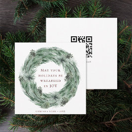 Pine Wreath Green & Red Holiday Card mit QR Code Feiertagskarte
