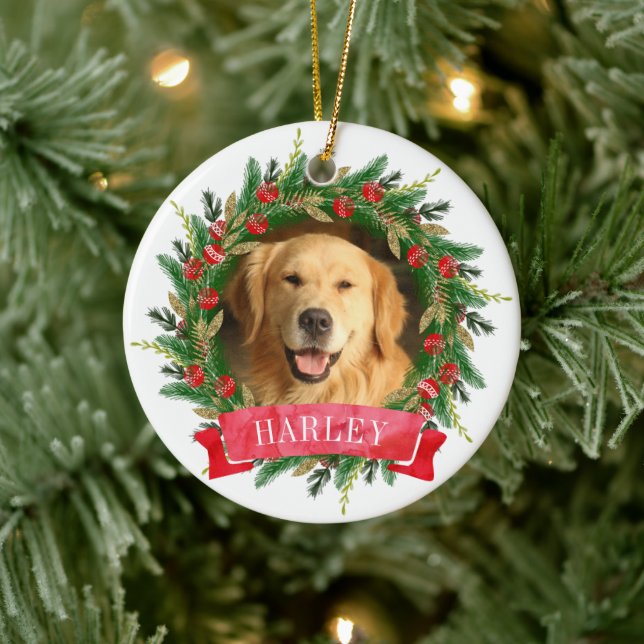 Pine Wreath Hund Foto Keramik Ornament (Baum)