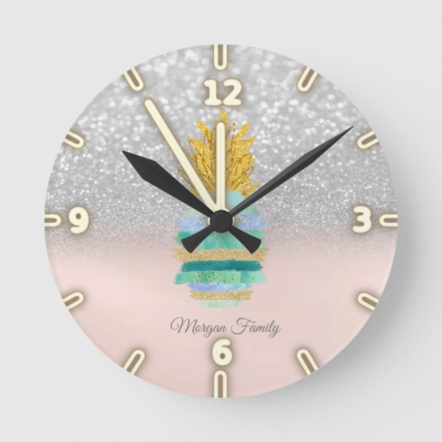 Pineapple Green Glitter Silver Glitter Bokeh Runde Wanduhr (Vorderseite)