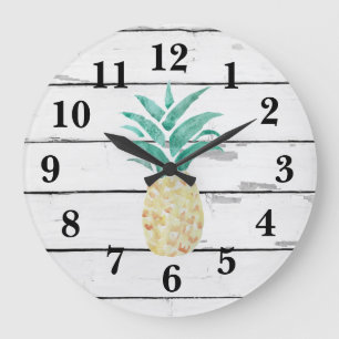 Pineapple Illustration Decor Rustic Shiplap Große Wanduhr