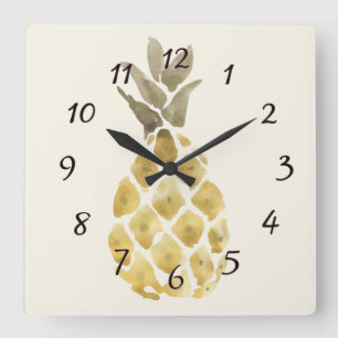 Pineapple Watercolor Country Rustic Stencil Quadratische Wanduhr