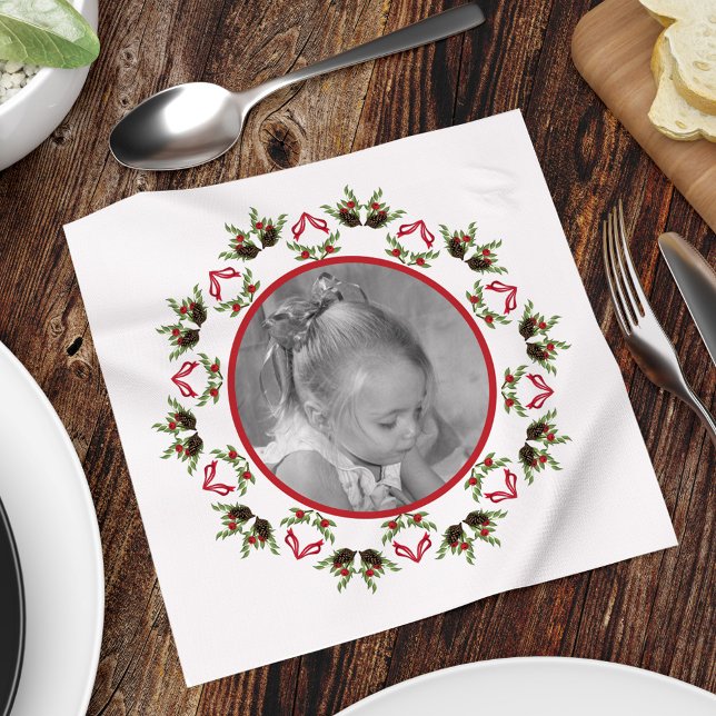 Pinecone Berries Holiday Mandala Serviette (Season's Greeting holiday red and green pinecones wreath mandala photo napkin)