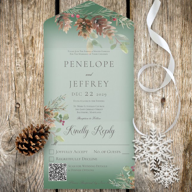 Pinecone & Berries Moderner grüner QR-Code All In One Einladung (Von Creator hochgeladen)