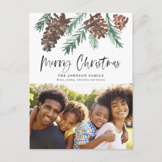 Pinecone Christmas Watercolor Foto Postkarte (Vorderseite)