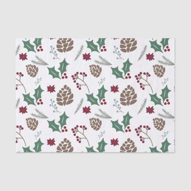 Pinecone, Holly & Berries Red, Green White Seidenpapier (Vorderseite)