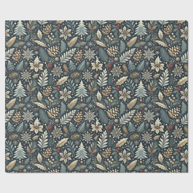 Pinecone, Holly, Snowflakes & Berries Holiday Geschenkpapier (Saum)