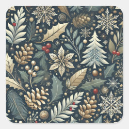 Pinecone, Holly, Snowflakes & Berries Holiday Quadratischer Aufkleber