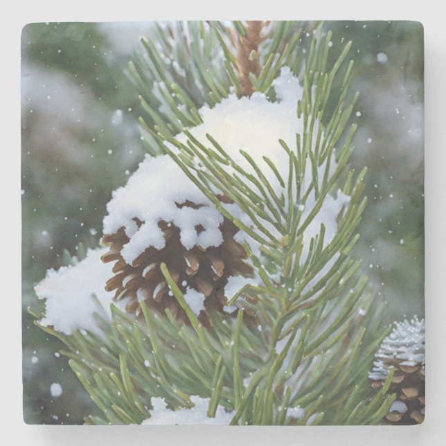 Pinecone Snow on Pine Tree Weihnachten Steinuntersetzer (Vorderseite)