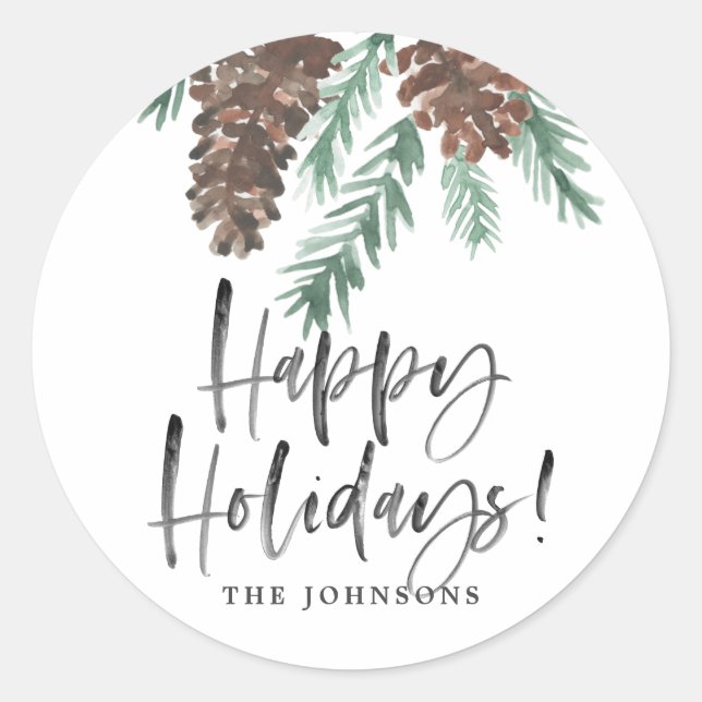 Pinecone Wasserfarbe glückliche Ferien Name Runder Aufkleber (Vorderseite)