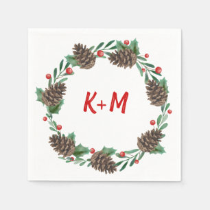 Pinecone Wreath Berry Christmas Monogram Serviette