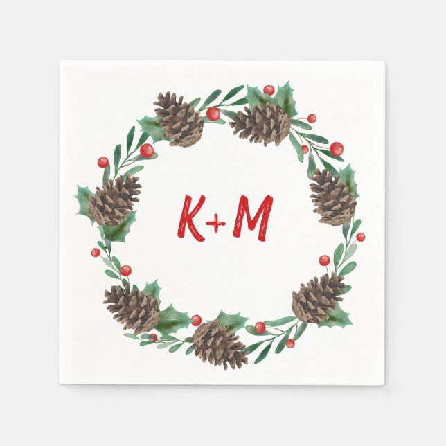 Pinecone Wreath Berry Christmas Monogram Serviette (Vorderseite)