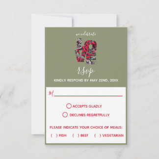 Pinecones Evergreens Red Berries LIEBE Response RSVP Karte