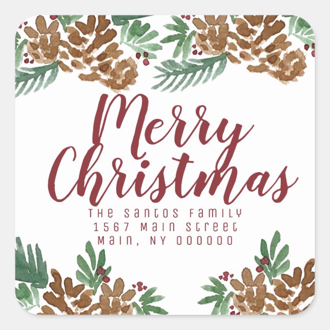 Pinecones Greenery Berry Quadratischer Aufkleber (Vorderseite)
