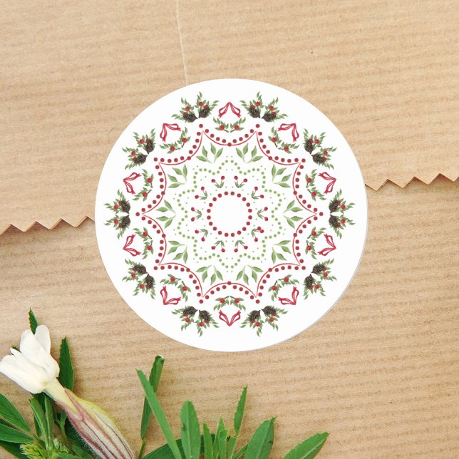 Pinecones Mandala Branches Runder Aufkleber (Christmas cute simple mandala minimalist minimal.)