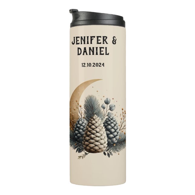 Pinecones und Crescent Moon Winter Liebe Thermosbecher (Nach rechts gedreht)