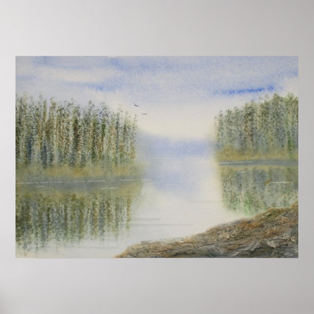Pines Lake Watercolor Landschaft Poster (Vorne)
