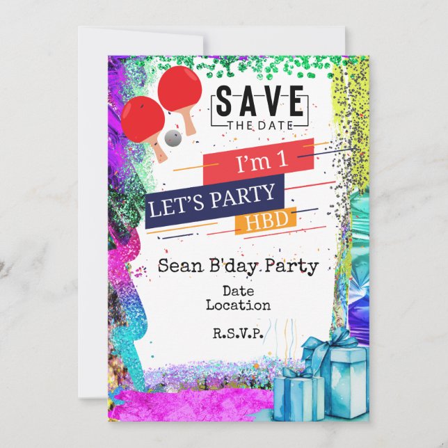 Ping Pong 1. Geburtstag Party Rett Datum Einladung (Vorderseite)