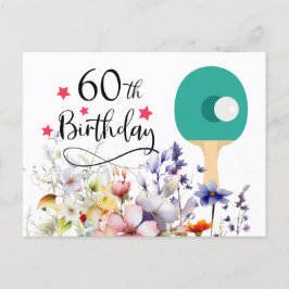 Ping Pong 60. Geburtstag mit Paddel und Blume Postkarte