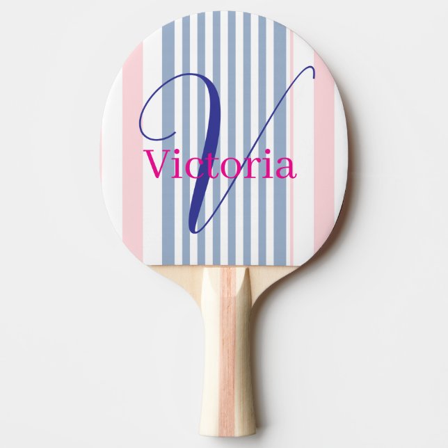 Ping Pong Paddle Blue Pink & White Stripe Tischtennis Schläger (Vorderseite)