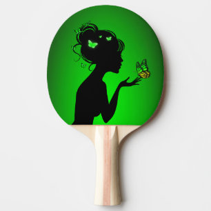 Ping-Pong-Schläger die Frau grüne Schmetterlinge Tischtennis Schläger