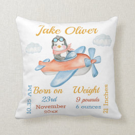 Pinguin Airplane Blue Baby Boy Stats Kissen