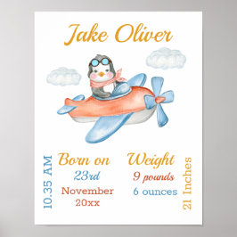 Pinguin Airplane Blue Baby Boy Stats Poster