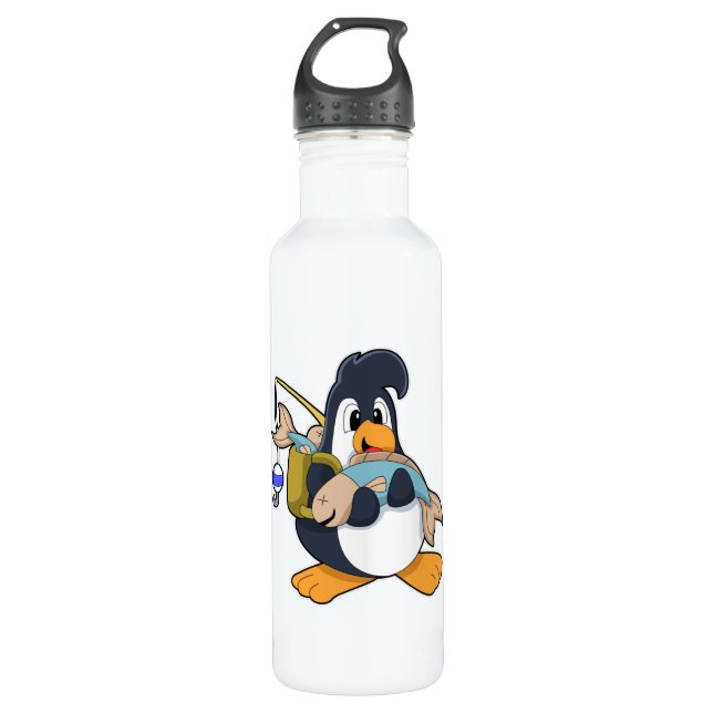 Pinguin als Angler mit Fisch Edelstahlflasche (Vorderseite)