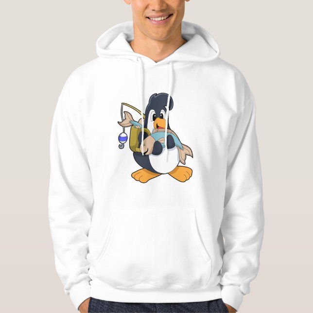 Pinguin als Angler mit Fisch Hoodie (Vorderseite)