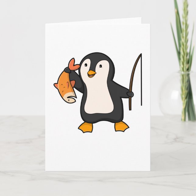 Pinguin als Angler mit Fisch Karte (Vorderseite)