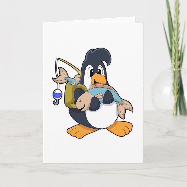 Pinguin als Angler mit Fisch Karte (Vorderseite)